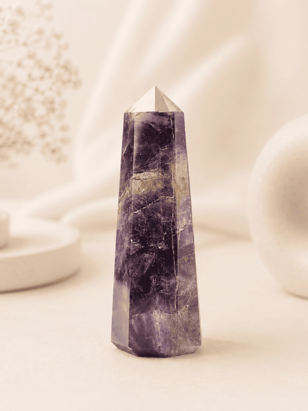Amethyst Pencil Tower Point healing crystal for peace, meditation, chakra balancing, spiritual healing, stress relief, and positive energy