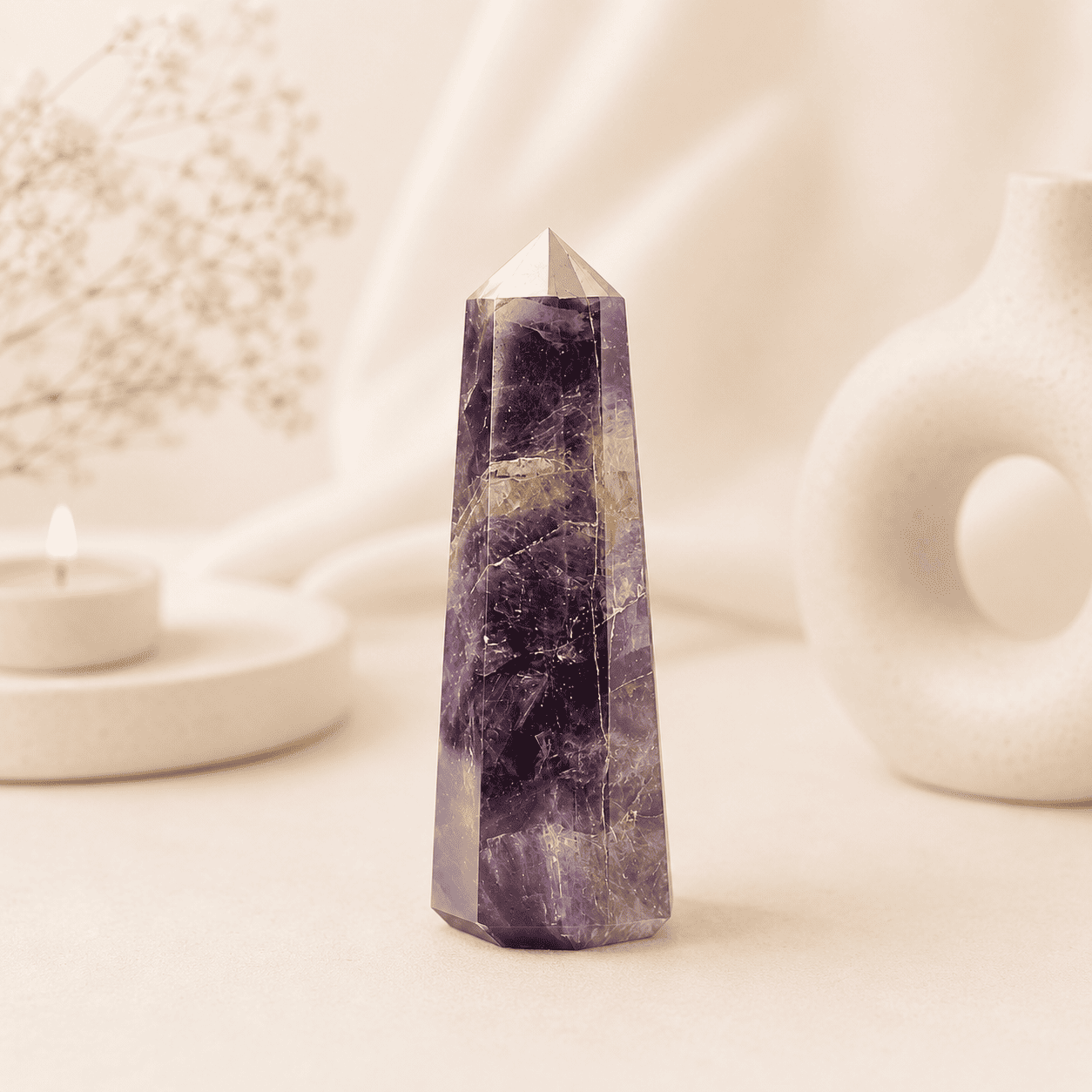 Amethyst Pencil Tower Point healing crystal for peace, meditation, chakra balancing, spiritual healing, stress relief, and positive energy