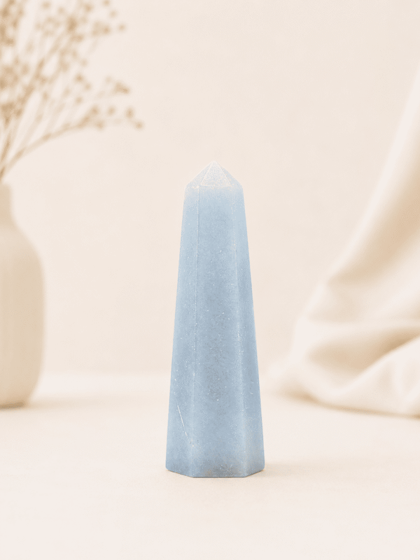 Angelite Pencil Tower Point healing crystal for peace, communication, spiritual connection, chakra balancing, meditation, and positive energy