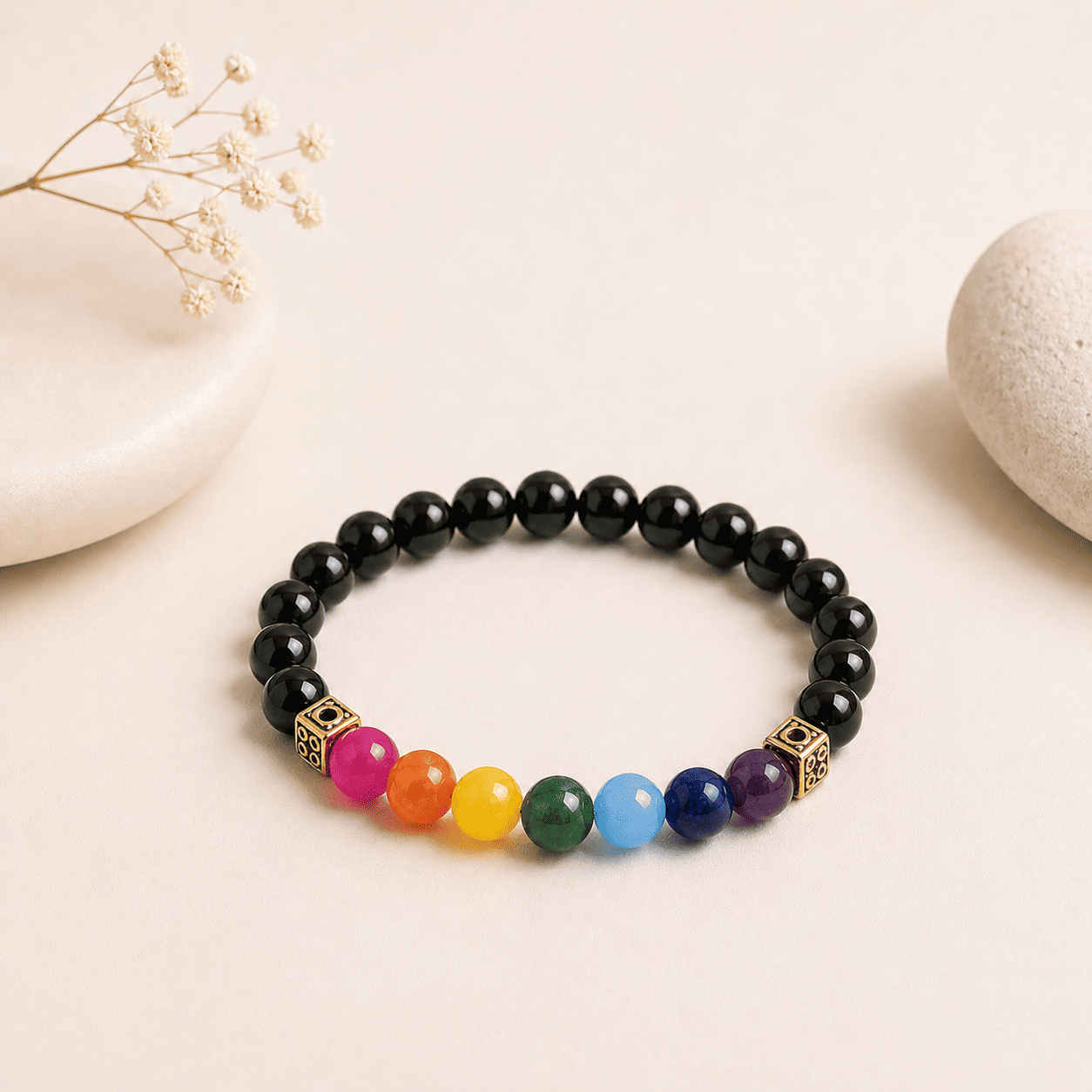 Black Banded Agate Onyx 7 Chakra Bracelet