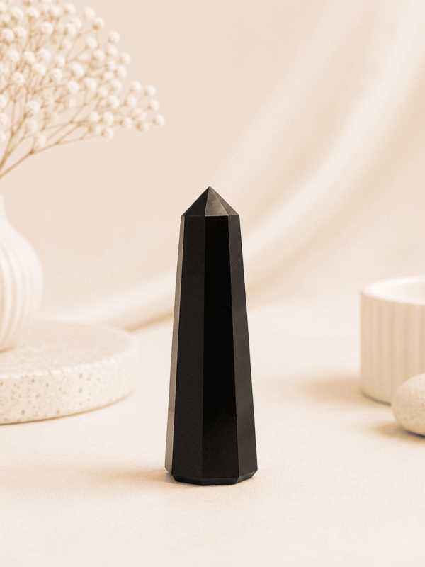 Black Banded Agate Pencil Tower Point healing crystal for protection, grounding, emotional balance, chakra healing, strength, and positive energy