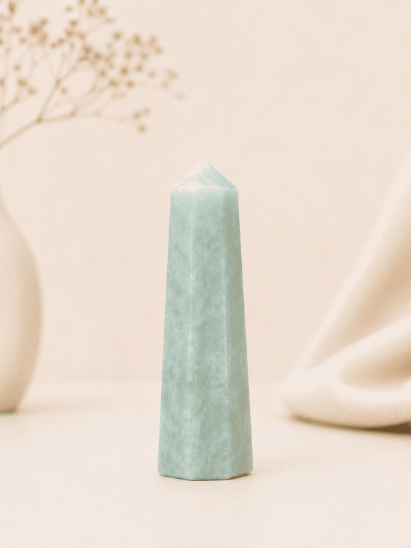 Blue Amazonite Pencil Tower Point healing crystal for calmness, communication, emotional balance, chakra healing, stress relief, and positive energy
