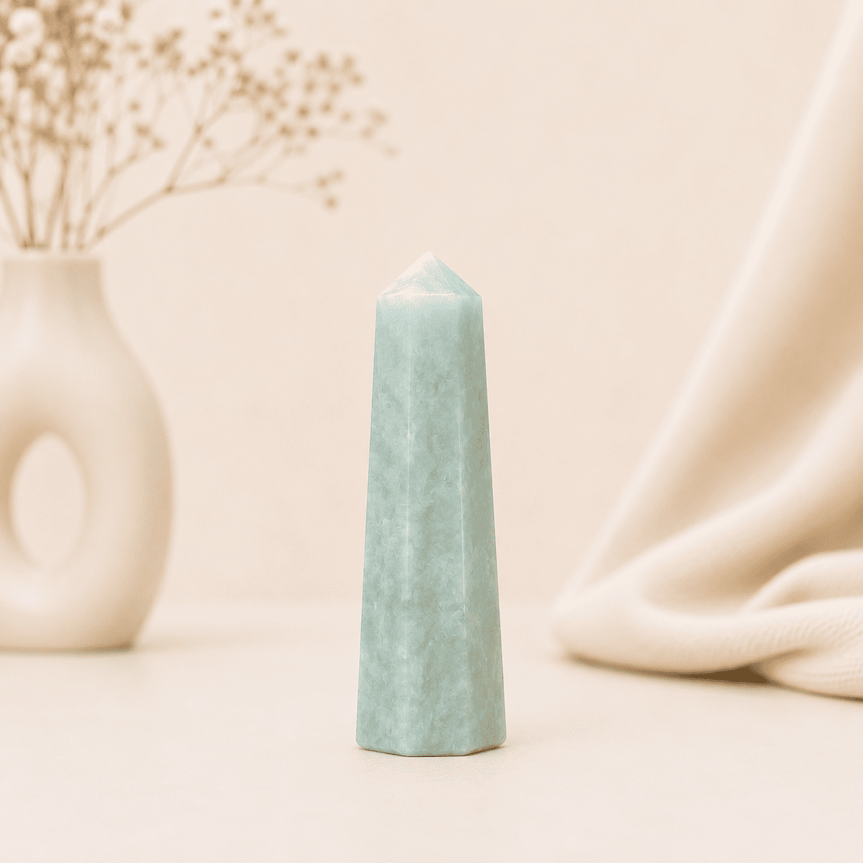 Blue Amazonite Pencil Tower Point healing crystal for calmness, communication, emotional balance, chakra healing, stress relief, and positive energy