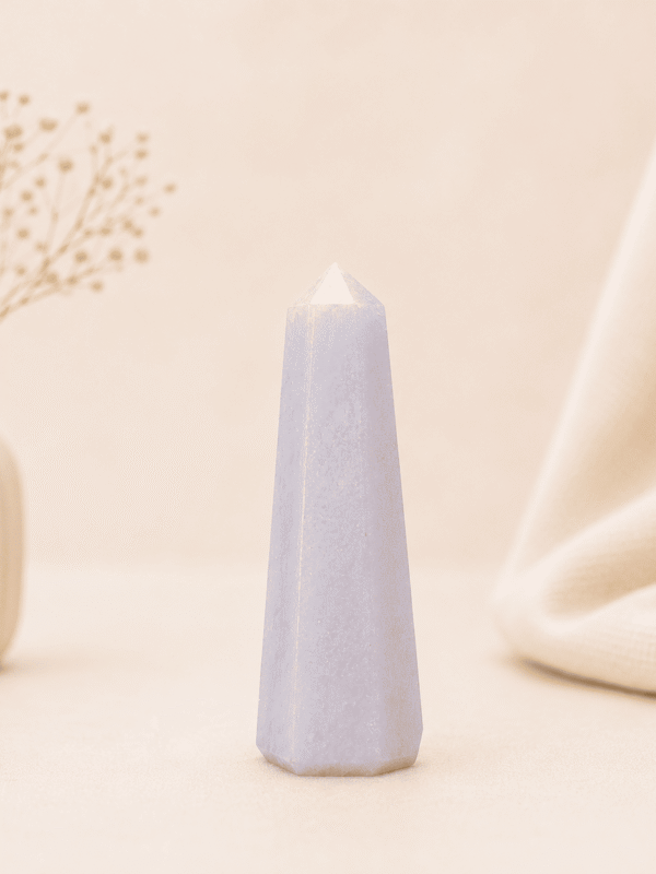 Blue Calcite Pencil Tower Point healing crystal for calmness, emotional healing, stress relief, communication, chakra balancing, and positive energy