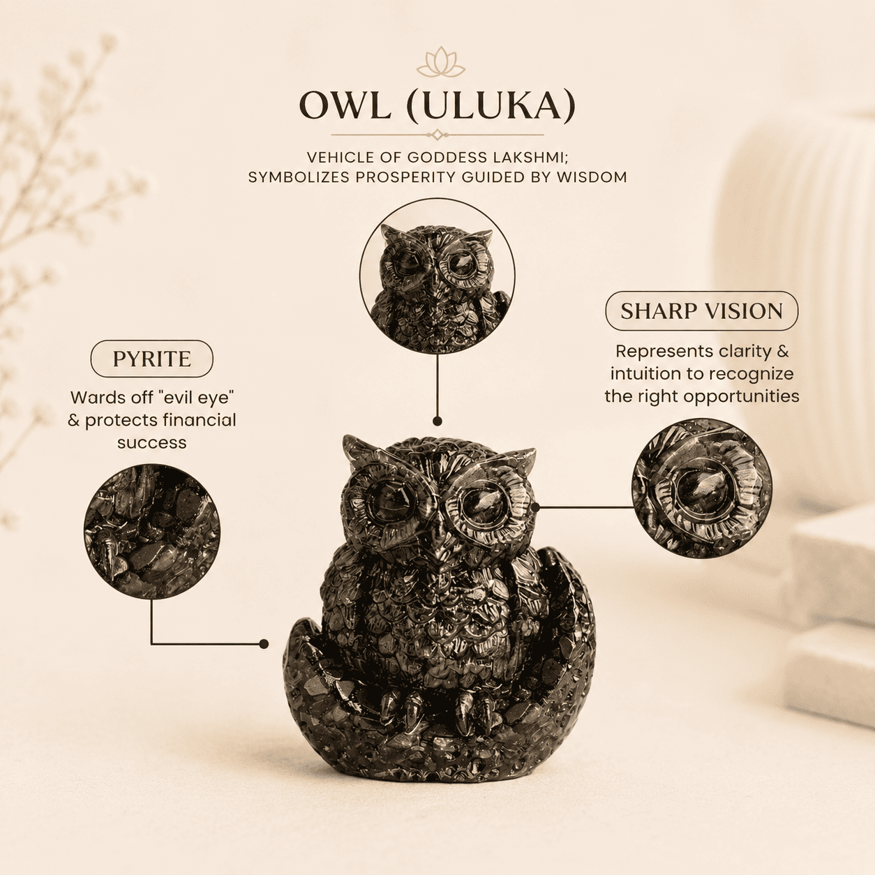 Pyrite Owl crystal for wealth attraction, wisdom, protection, Feng Shui energy, financial success, and positive vibrations