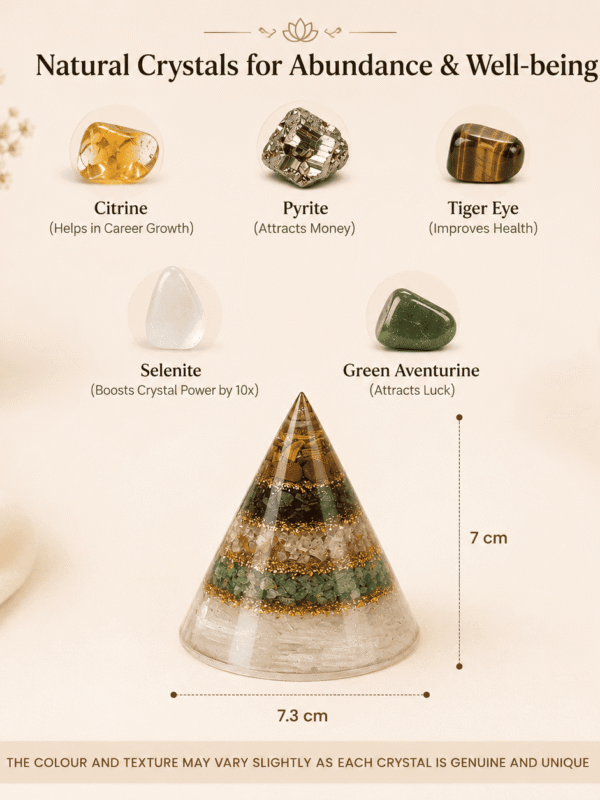 Conical Dhan Yog Pyramid crystal for wealth attraction, prosperity, abundance, financial growth, energy balancing, and positive vibrations