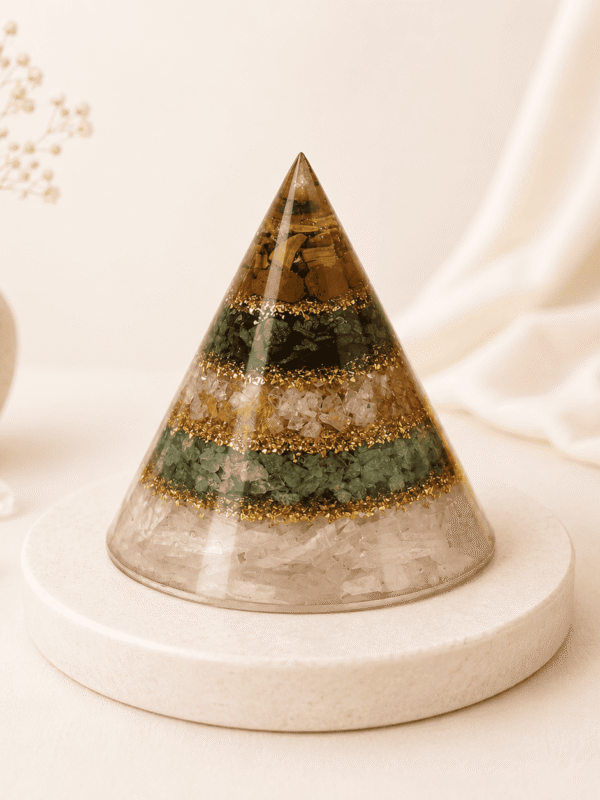 Conical Dhan Yog Pyramid crystal for wealth attraction, prosperity, abundance, financial growth, energy balancing, and positive vibrations