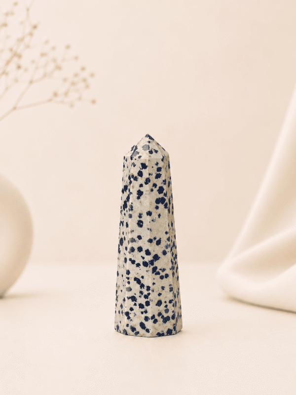 Dalmatian Jasper Pencil Tower Point healing crystal for joy, grounding, protection, emotional balance, chakra healing, and positive energy