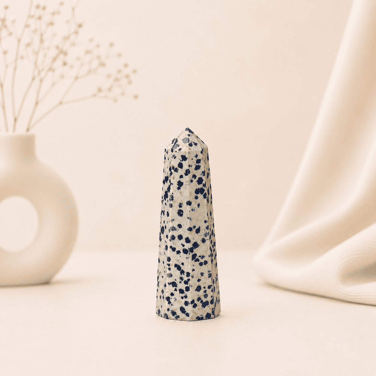 Dalmatian Jasper Pencil Tower Point healing crystal for joy, grounding, protection, emotional balance, chakra healing, and positive energy
