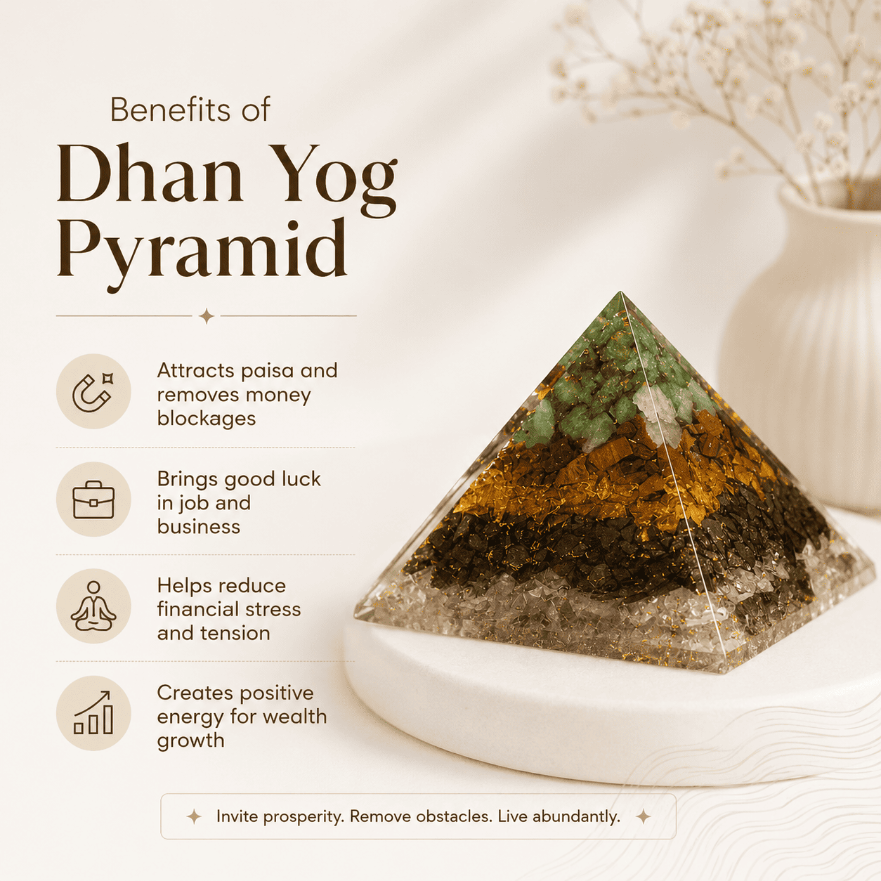 Dhan Yog crystal pyramid for wealth attraction, prosperity, financial growth, success, energy balance, and positive vibrations