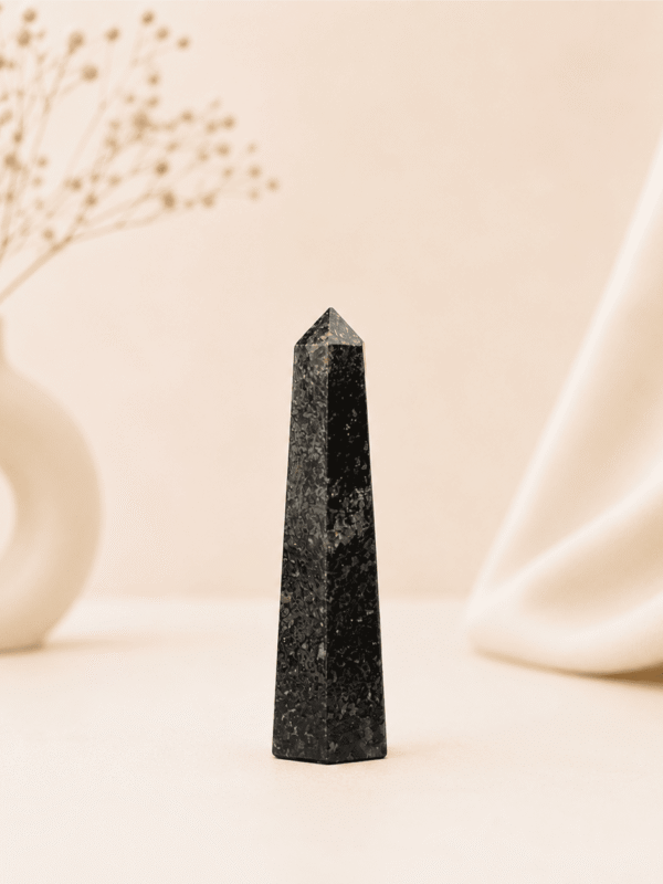 Hematite Pencil Tower Point healing crystal for grounding, protection, focus, emotional stability, chakra balancing, and positive energy