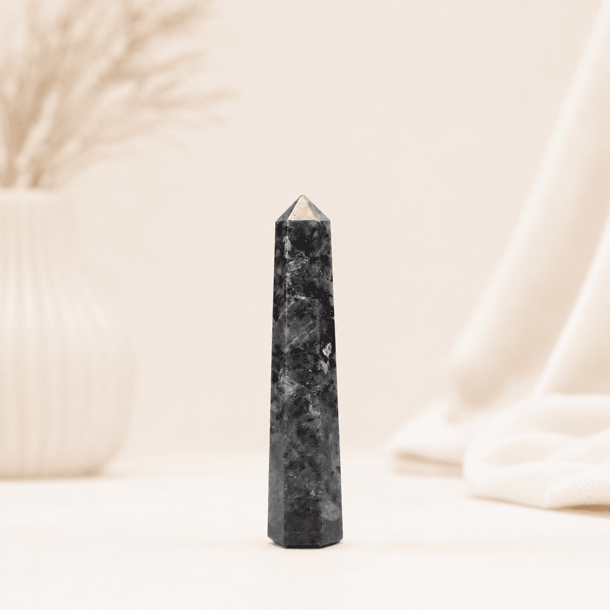 Hematite Pencil Tower Point healing crystal for grounding, protection, focus, chakra balancing, strength, and positive energy