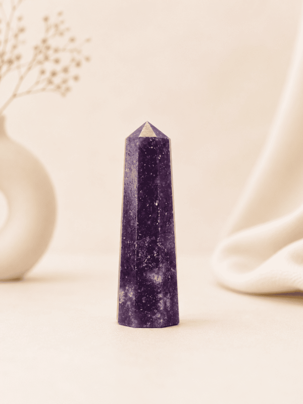 Lepidolite Pencil Tower Point healing crystal for stress relief, calmness, emotional healing, anxiety reduction, chakra balancing, and positive energy