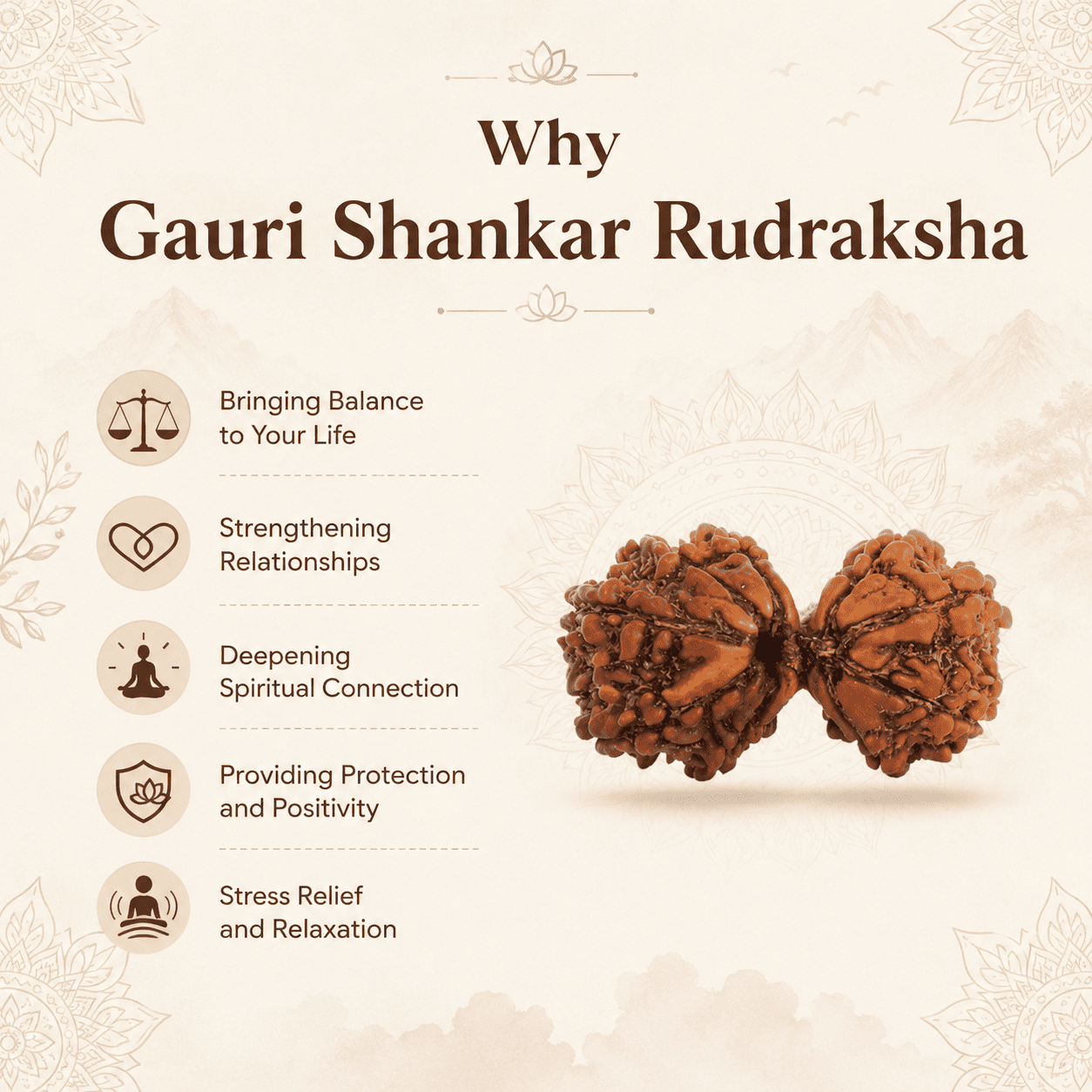 Original Nepal Origin Gauri Shankar Rudraksha bead for love, relationship harmony, spiritual growth, emotional healing, divine blessings, and positive energy