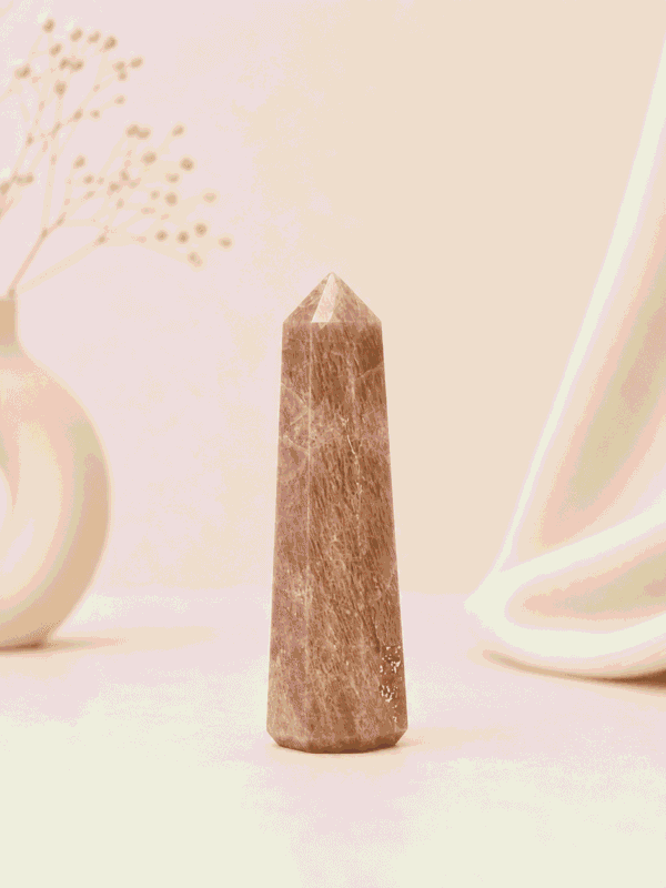 Peach Moonstone Pencil Tower Point healing crystal for emotional healing, intuition, feminine energy, chakra balancing, peace, and positive energy