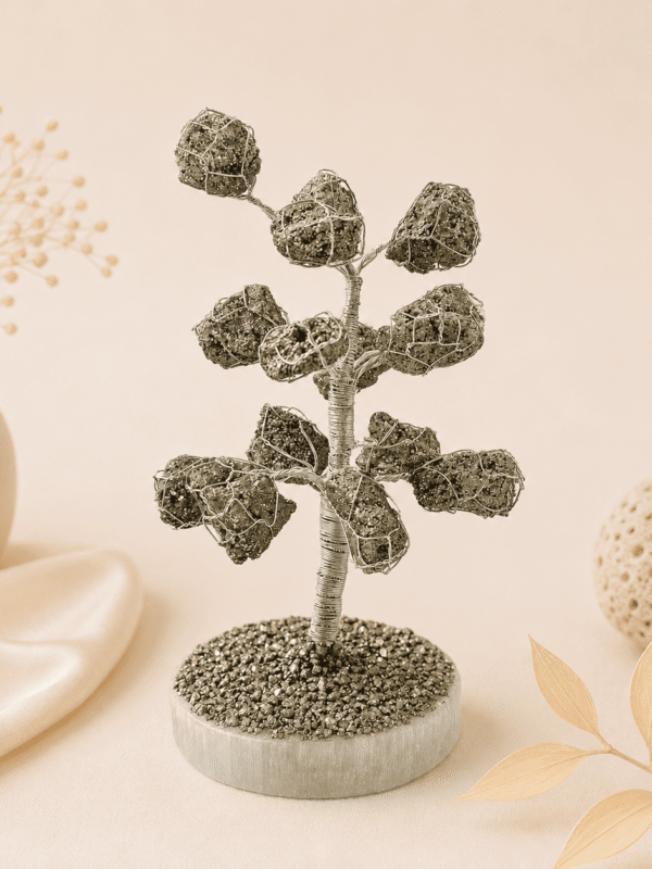 Natural Pyrite Gemstone Tree with Selenite Charging Plate for wealth attraction, abundance energy and crystal cleansing