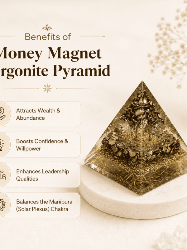 Pyrite Money Magnet Pyramid crystal for wealth attraction, prosperity, financial success, abundance, protection, and positive energy healing