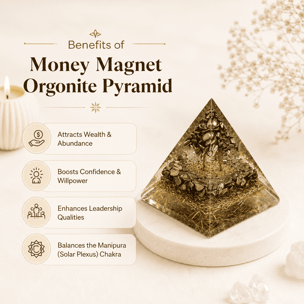 Pyrite Money Magnet Pyramid crystal for wealth attraction, prosperity, financial success, abundance, protection, and positive energy healing