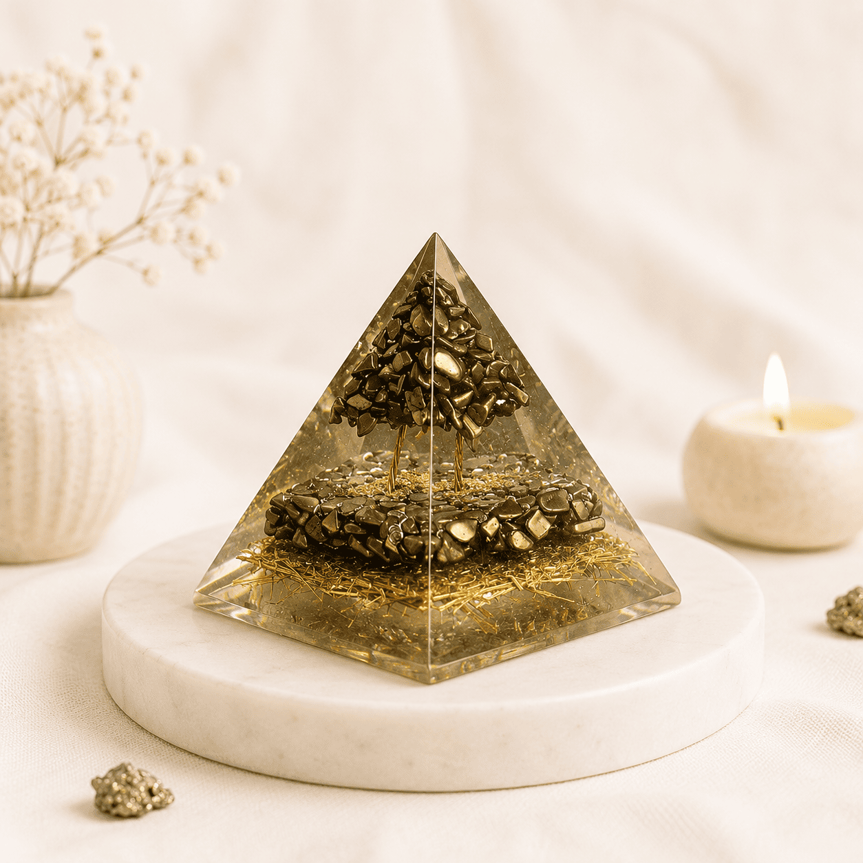 Pyrite Money Magnet Pyramid crystal for wealth attraction, prosperity, financial success, abundance, protection, and positive energy healing