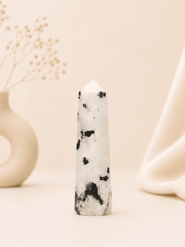 Rainbow Moonstone Pencil Tower Point healing crystal for intuition, emotional healing, feminine energy, chakra balancing, meditation, and positive energy