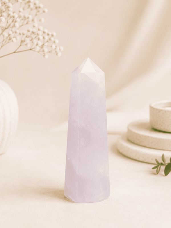 Rose Quartz Pencil Tower Point healing crystal for love, emotional healing, heart chakra balancing, harmony, peace, and positive energy