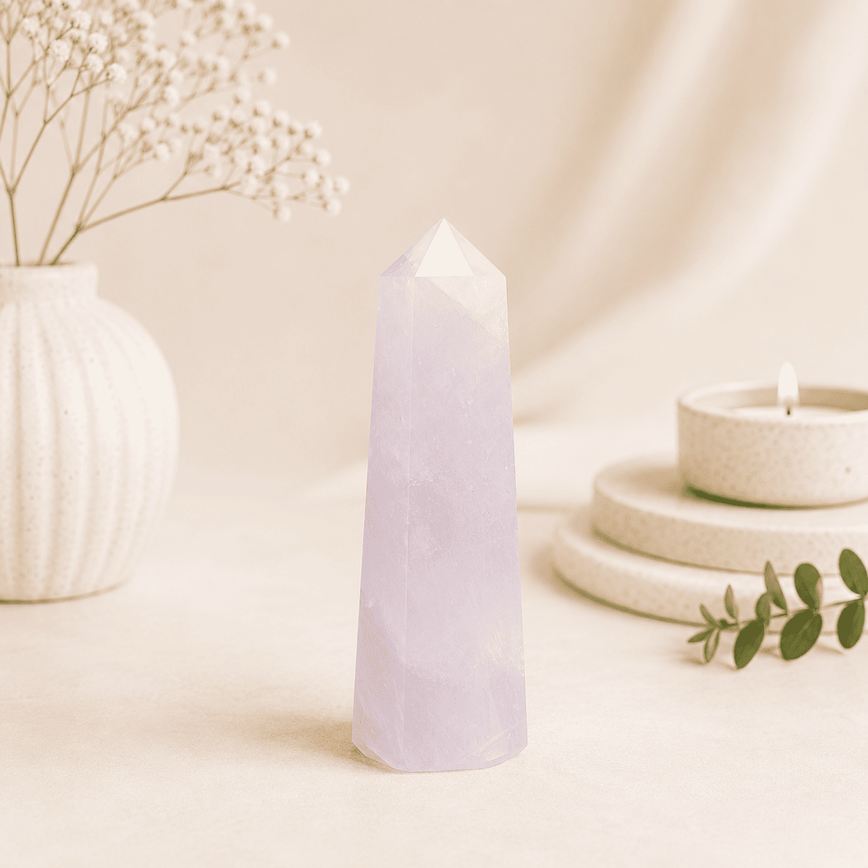 Rose Quartz Pencil Tower Point healing crystal for love, emotional healing, heart chakra balancing, harmony, peace, and positive energy