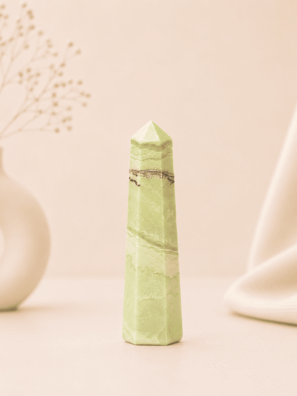 Serpentine Pencil Tower Point healing crystal for detox energy, protection, spiritual awakening, chakra balancing, emotional healing, and positive vibrations