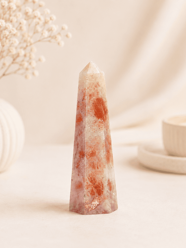Sunstone Pencil Tower Point healing crystal for confidence, positivity, success, chakra balancing, motivation, and energy healing