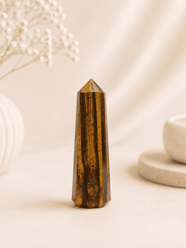 Tiger Eye Pencil Tower Point healing crystal for protection, confidence, focus, grounding, chakra balancing, and positive energy