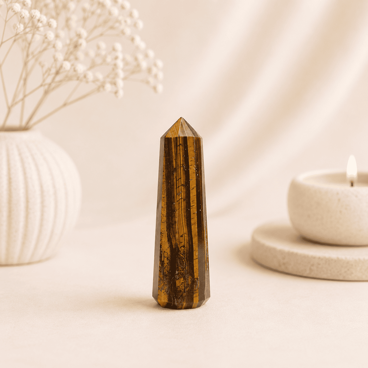 Tiger Eye Pencil Tower Point healing crystal for protection, confidence, focus, grounding, chakra balancing, and positive energy